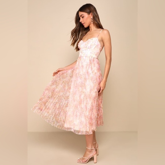NWOT Lulus Finest Endeavor Blush Pink Floral Pleated Bustier Midi Dress - Picture 4 of 8